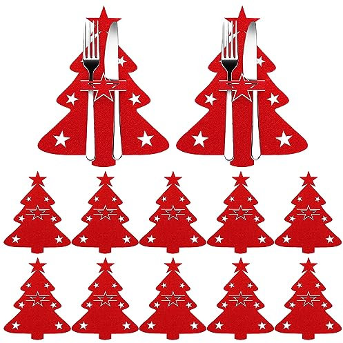 ShnminEU Bolsita para Cubiertos de Navidad 12 Pcs Decoracion Navidad Hogar, Cubiertos Tenedores Bolsas para Decoración Navidad Mesa adornos de navidad para la mesa (árbol de Navidad)