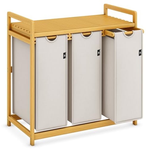 AdelDream Wäschekorb mit Bambusrahmen 150L 3 Fächer Bambus Wäschesammler laundry baskets Bogendesign Wäschesortierer Hellgrau-06-16