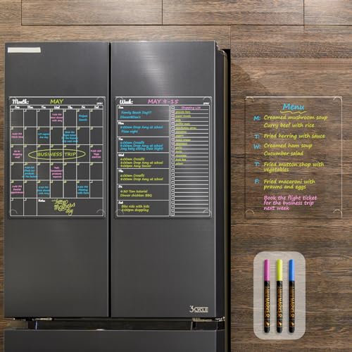 JJPRO Clear Dry Erase Monthly Calendar 3PCS Set for Fridge. Reusable Undated Transparent Calendar, Weekly Planner and Blank Clear Board Sticks to Wall and Glass(Any Smooth Surface)-3 Markers