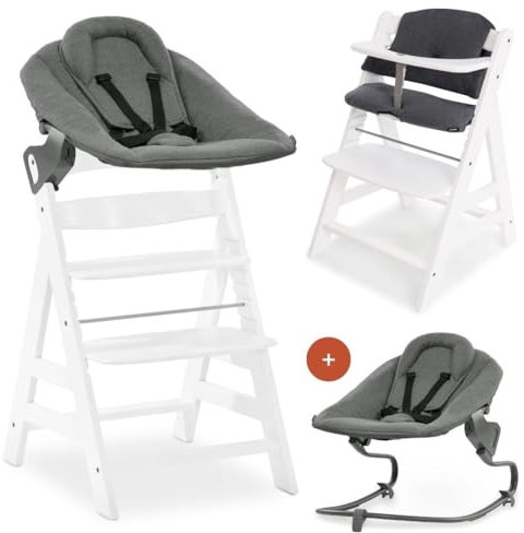hauck Alpha+ Newborn Set mit Premium Bouncer Dark Grey - Baby Holz Hochstuhl ab Geburt mit Liegefunktion - extra flacher Aufsatz für Neugeborene & Baumwoll Sitzpolster - Weiß