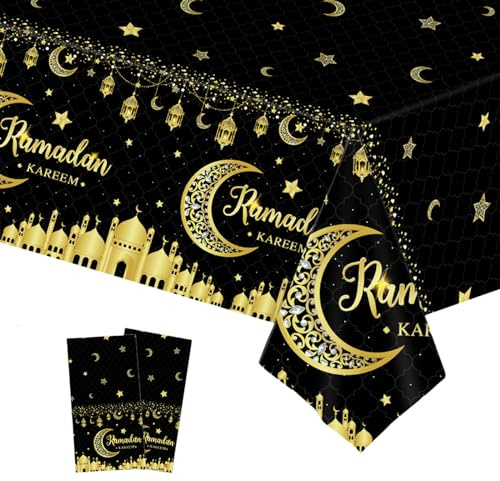 2 Stück Eid Al-fitr Party Kunststoff Tischdecke,137x274cm Abwaschbar Tischdecke Elastische Rechteckig,Schwarzgold Mond Sterne Wasserabweisend Fleckschutz Tischtuch für Eid Ramadan Mubarak Party