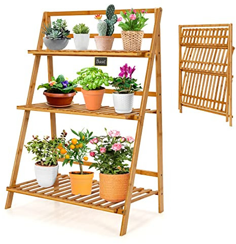 GYMAX Scaffale Porta per Piante a 3 Livelli, Scaletta per Piante e Fiori Pieghevole in Bambù, Portapiante da Esterni e Interno, Scala per Piante per Soggiorno, Balcone, Giardino, Naturale