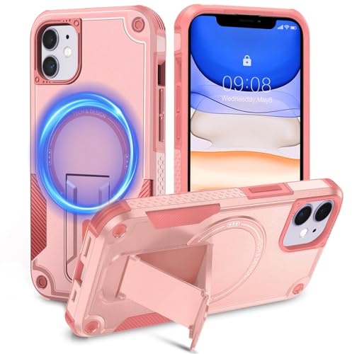 Tuvror Magnetic for iPhone 11 Case with Stand. [Compatible with MagSafe] Built-in Kickstand. Rugged Protection Heavy Duty Shockproof Case for iPhone 11 (Pink)
