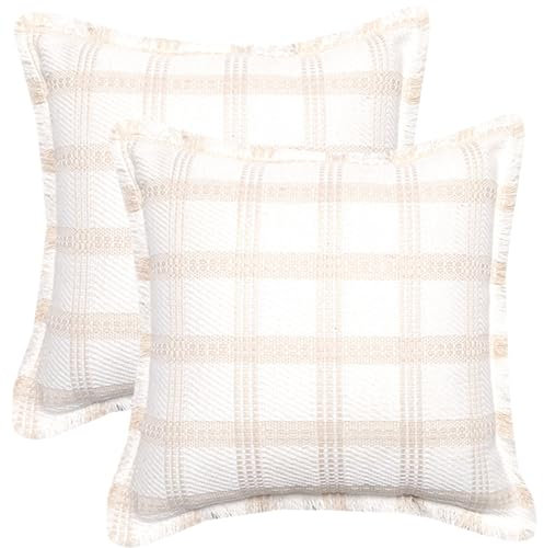 HOSTECCO Beige Weiß Kissenbezüge 45x45cm 2er Set Neutral Plaid Kissenbezüge Quaste Dekorative Kissenbezüge für Sofa Couch