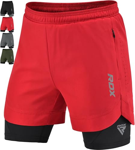 RDX Laufhose Herren kurz, 2 in 1 Running Kompressions Shorts, Trainingsshorts mit 2 Zipper und 2 Telefon Tasches, Laufshorts Am Besten für Sports Fitness Workout Joggen Schwimmen Gym Radfahren Yoga