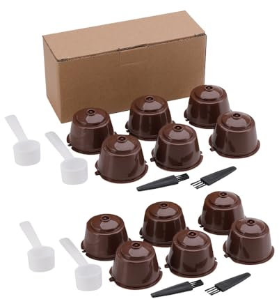12 uds, Pack 12 Cápsulas Filtros de Café Recargable Reutilizable para Cafetera Dolce Gusto, Resistente Más de 250 Usos de Sustitucion de Cápsula, Caja de Almacenamiento, Cepillos y Cucharas, Marrón