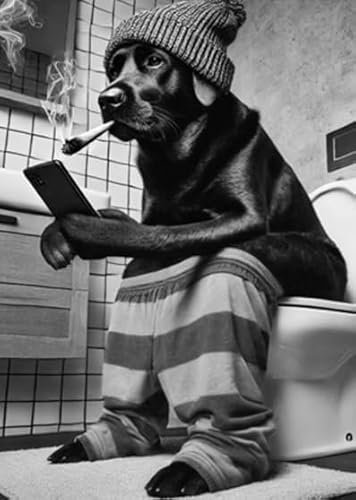 Lustiger schwarzer Labrador-Druck, Hund, rauchender Spliff Labor auf Toilette, Telefon, Cannabisblatt, cooles Tiergelenk, Badezimmer, Ensuite-Schild, Bild, Wandkunst – witzige Wandkunst (schwarz und