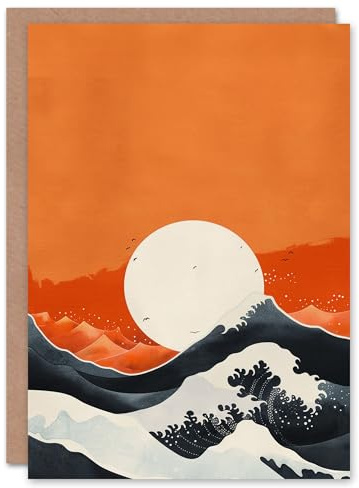 Artery8 Orange Sunset Sky Great Wave Abstract Seascape Blank For Him Or Her Art Birthday Card