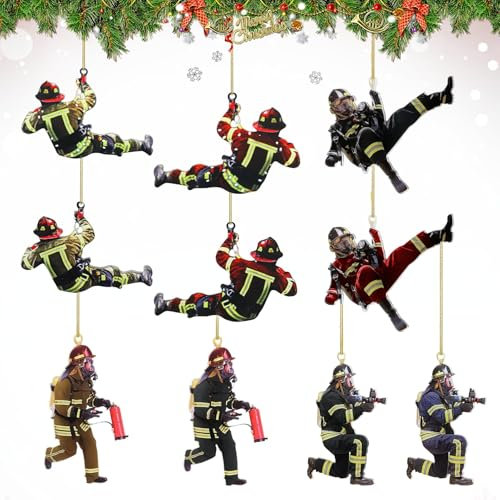 10 Stück Feuerwehrmann Weihnachtsbaumschmuck Anhänger Acryl Weihnachtsanhänger 2D Tannenbaumschmuck Weihnachtsschmuck Weihnachtsbaum Ornament Für Wandfenster, Bäume, Auto-Rückspiegelzubehör