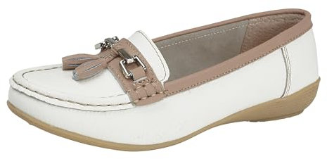 Ladies Nautical Wide FIT Leather Smart Loafer Tassel Moccasin Flat Slip On Comfort Shoe Size 3-8 (White/Mocha, UK Footwear Size System, Adult, Women, Numeric, Wide, 6)