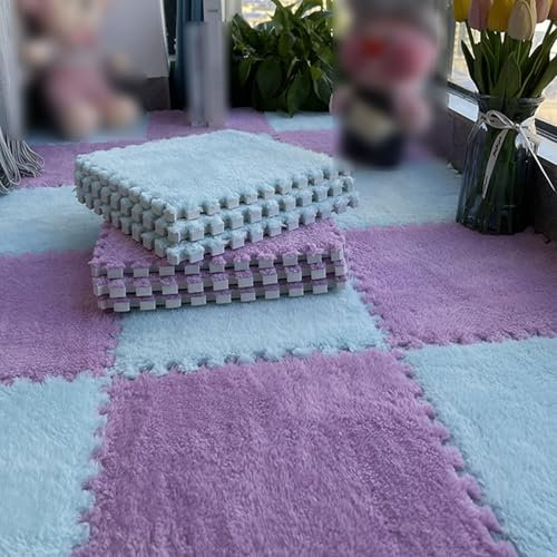Generisch Bodenmatte aus weichem Puzzle-Schaumstoff, ineinandergreifende Teppichfliesen aus weichem, dickem Samt, 30 x 30 cm quadratischer Teppich mit Schaumstofffliesen(Purple+Light Blue,20pcs)