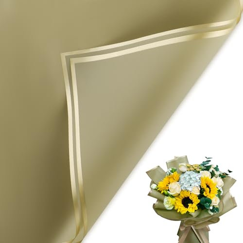 20 Blatt Blumenstrauß Geschenkpapier Wasserdicht Blumenpapier Blumen Papier für Hochzeit Geburtstage Party Dekoration DIY Kunsthandwerk 57 x 57 cm (Khaki-Grau und Goldrand)
