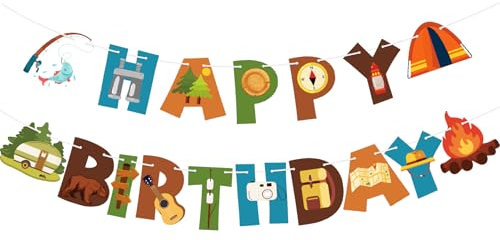 Cartel de feliz cumpleaños para camping, decoración de fiesta de cumpleaños, suministros de fiesta de cumpleaños para exteriores, senderismo, camping, decoración de campamento de verano, guirnalda de