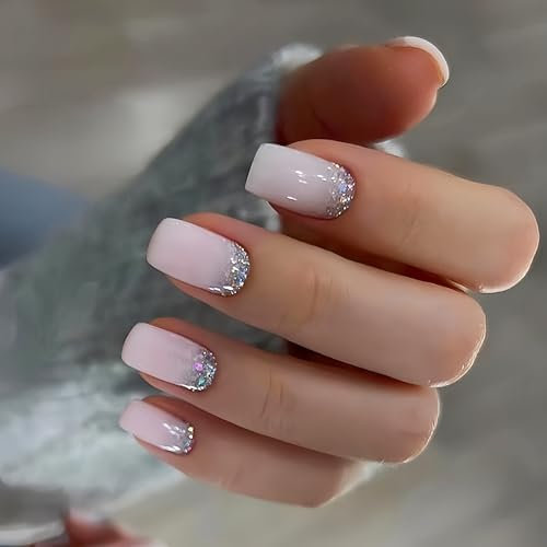 Pink False Nails Medium Short Square, SXVME Glitter Press on Nails Fake Nails with Sequins Design Glossy Bling Glue on Nail Medium Length Natural Acrylic Stick on Nails for Women