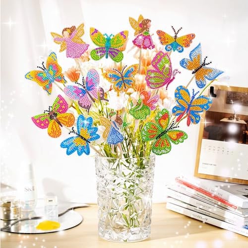 YMIFEEY 15 Stück Diamond Painting Schmetterling Fee, Diamond-Painting Kinder Erwachsene Bastelset, Garten Schmetterlinge Deko, Diamant Painting Frühling Blumenstecker, DIY Ornaments Kit