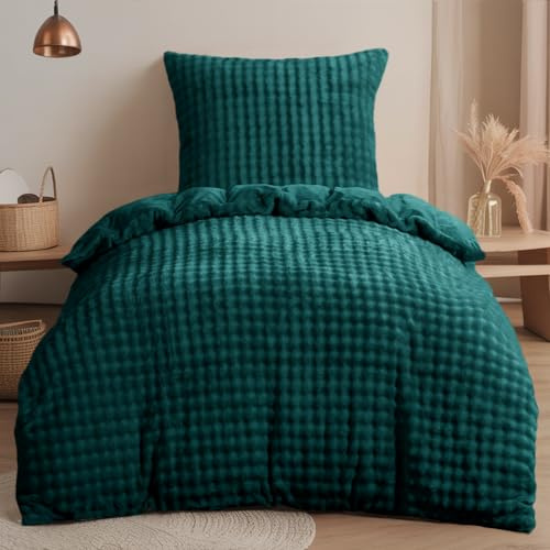 RUIKASI Winter Plüsch Bettwäsche 140x200 2teilig Grün - WarmeKuschelig Weich Flauschige Flanell Fleece Bettwäsche Luxus Wende Bettbezug mit Reißverschluss und 1 Kissenbezug 80x80cm