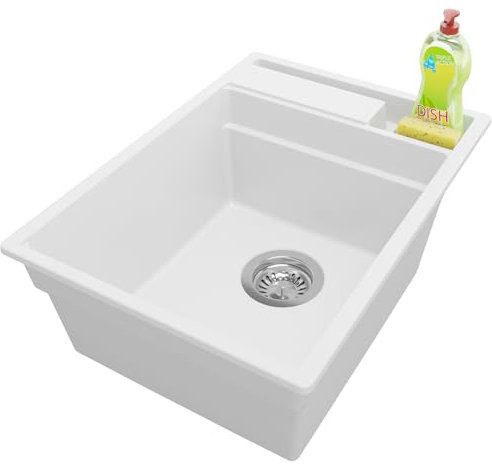 PRIMAGRAN Fregadero Cocina Negro 38x53cm, Fregadero Granito 1 Seno + Sifón, sobre encimera al mueble 40cm - Oslo Pocket