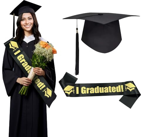 Graduation Cap & Graduation Sash Set, Black Student Graduation Decoration Set, Adjustable Bachelor Cap with Monogrammed Graduation Ribbon for Graduation Ceremony & Graduation Portrait Shooting