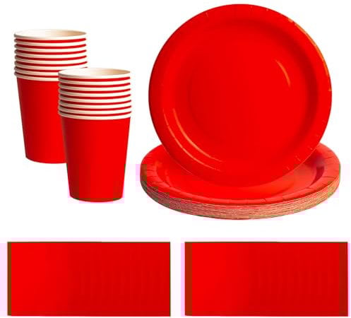 52pcs Red Disposable Tableware Set - 20 Paper Napkins 16 Cups 16pcs 7inch Paper Plates | Biodegradable Solid Color Red Dinnerware for Birthdays, Weddings, Kids Adult Christmas Party