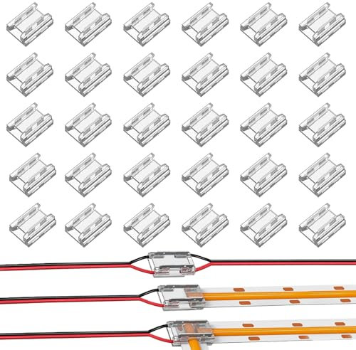 Xerteam 30 Stück Led Verbinder 2 Polig, 8mm Led Streifen Verbinder Kompatibel mit COB/SMD LED Streifen, 8 Verbindungsarten Board to Wire/Board Strip Connector, Transparenter Lötfreier