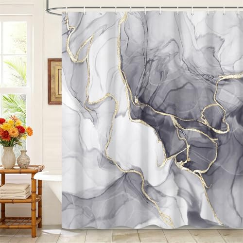 Kzzfqxb Rideaux de Douche 180x200cm avec Crochets,Texture de marbre Gris occlus imperméable Lignes Courbes dorées Art de la fumée Fluide, Tissu Polyester pour Baignoire de Salle de Bain