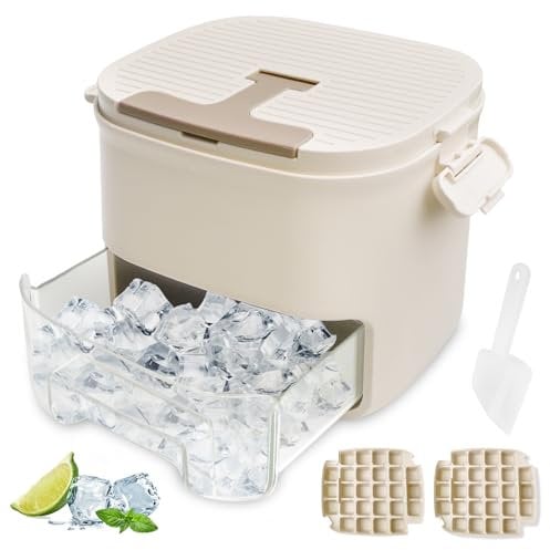 Easy Press Ice Cube Maker with Lid, Ice Bucket & Scoop, Reusable 52-Cube Ice Tray Storage Box, Food-Grade PP, Quick-Release Ice Cube Mould for Parties, Bars, and Freezer Use (Beige)