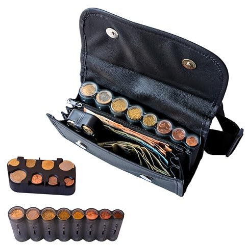 Porte-monnaie en cuir avec trieur pour pièces et billets, fermeture magnétique, avec porte-monnaie moyen supplémentaire, Noir , Moderne