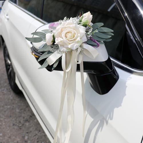 LIULINY Lot de 2 Décorations de Voiture de Mariage avec Ventouses (Blanc) | Fleur Artificielle Décoration Voiture Mariage pour Rétroviseurs de Fêtes D'anniversaire, Thème Etc