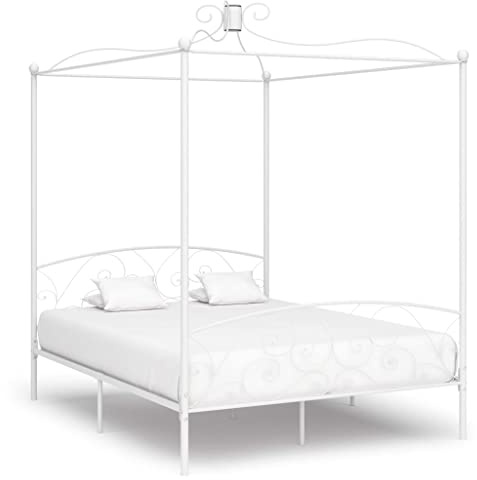 Holamys Himmelbett-Gestell Weiß Metall 160x200 cm, Robustes Plattformbett mit Lattenrost, Elegantes Schlafzimmer Möbel für Vorhänge