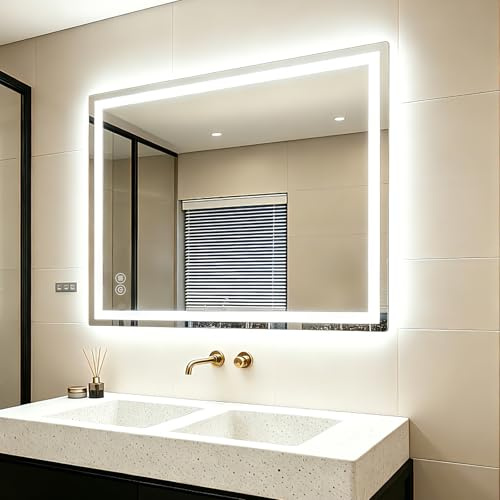 Badezimmerspiegel Wandspiegel LED Badspiegel mit Beleuchtung 80x60cm mit Touch-Schalter Beschlagfrei IP65-Spiegel-Bad mit Speicherfunktion,Wandspiegel 3 Farbtemperatur,Horizontal/Vertikal, HD Hartgla