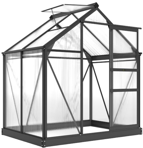 Outsunny Serra da Giardino in Policarbonato 2.51㎡ 190x132x201cm Grigio | Telaio in Lega di Alluminio, Serra per Orto con Grondaie, Finestra a Tetto per Ventilazione, Porta Scorrevole, per Piante