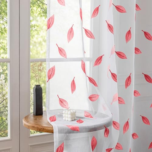 CYCMACO 2er Set Sheer Voile Vorhänge Mit Ösen, 140x225cm (B X H), Transparent Vorhang Voile Mit Ösen, Modern Blätter Stickerei Gardinen, Rfür Wohnzimmer Schlafzimmer Kinderzimmer, Rot
