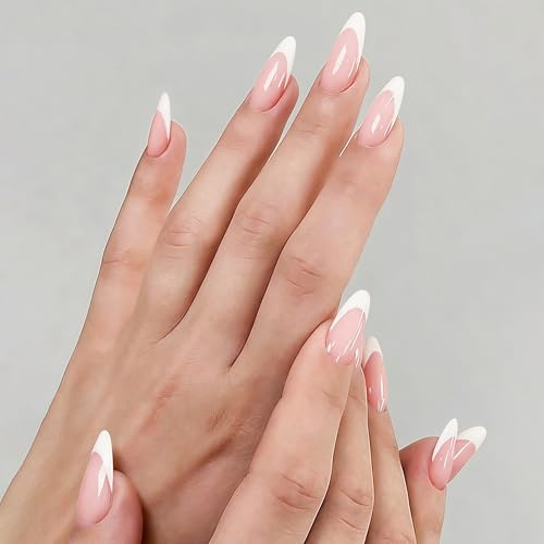 White French Tips Press on Nails Long Almond Fake Nails Nude False Nails with French Tips Design Stick on Nails for Women Girls Simple Manicure Decoration 24Pcs