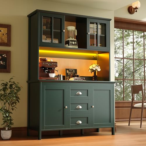 Xwiny Küchenschrank mit LED-Beleuchtung und Verstellbare Füße, Hochschrank mit Schublade und Aufbewahrungsschrank, Buffetschrank mit Braunen Glastüren, Grün-C, 120x40x179 cm