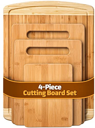 Schneidebrett aus Bambus, 4er-Set – Küchenschneidebretter mit Saftrille für Fleisch, Käse und Gemüse – großer Metzgerblock aus natürlichem Holz, Käsebrett & Charcuterie-Brett