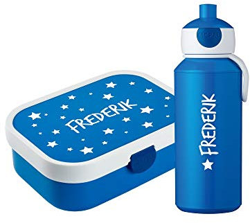 4youDesign Set: blaue Brotdose & Trinkflasche -STERNE- mit Namen für Kinder – 6 Farben, 3 Motive, inkl. Dosen-Einsatz, Gabel & Pop-Up Flasche (Sterne Blau)