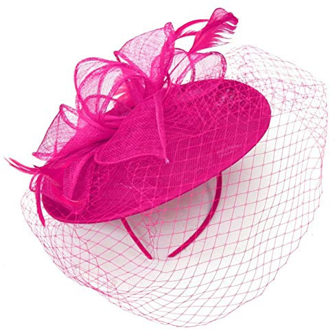 Caprilite Saucer Sinamay Headband Fascinator Wedding Ascot Hat Hatinator Birdcage Veil[Fuchsia Hot Pink]