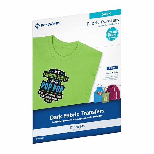 PrintWorks Iron on Heat Transfer Paper for Inkjet Printer - Printable Heat Transfer Vinyl for Dark Fabric (Printable HTV) - 8.5 x 11 - 12 Sheets - Made in The USA - Iron on Vinyl (00531)
