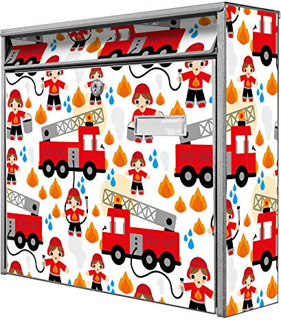 banjado® Burg-Wächter® Briefkasten mit Motiv Feuerwehr/Briefkasten ohne Zeitungsfach 32x36x10 cm groß/Briefkasten mit Namensschild A4 Einwurf inkl. Montagematerial & 2 Schlüsseln