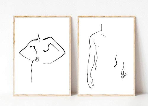 Din A4 Kunstdruck ohne Rahmen 2-teilig - Körper Silhouette Frau Mann - Abstrakt Minimalistisch Zeichnung schwarz weiß Moderne Kunst Druck Poster Bild