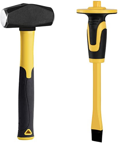 KURUI 1,4 kg Vorschlaghammer und Flachmeißel mit Handschutz für Fliesen/Felsen/Mauerwerk/Beton/Ziegel/Rockhounding, Mason Flachkopfmeißel & kleiner Bohrhammer mit rutschfestem Griff
