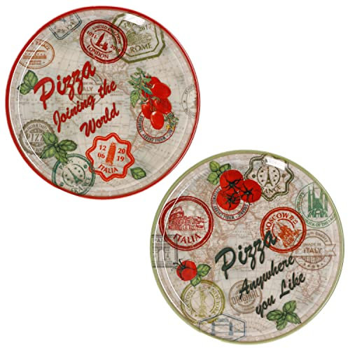 MamboCat 2er Set Pizzateller Moskau & Rom Grün & Rot Ø 33 cm I weiße Porzellanteller mit Motiven zum Servieren für Antipasti und Tomate-Mozzarella I Doppelpack Pizzaplatte große Servierteller