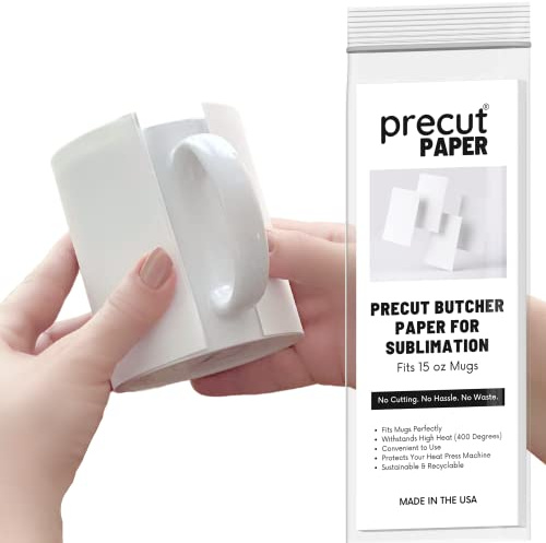 Precut Butcher Paper for Sublimation, Mug Press - Fits 15 oz Mugs, No Cutting, No Waste, No Hassle, Protects Heat Press from Ink Burns Up to 400 Degrees - Unwaxed, Uncoated, Made in USA, 100 Sheets