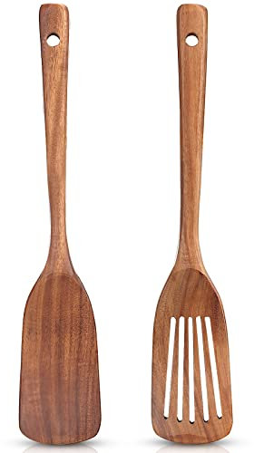 2 Pack Non Toxic Wooden Spatulas for Kitchen Utensils Set Acacia Wood Cooking Spatula Flat Wok Pancake Turner Bamboo Slotted Spoon for Cooking Utensil Spurtle Scraper Long Fish Egg Flipper Spatulas