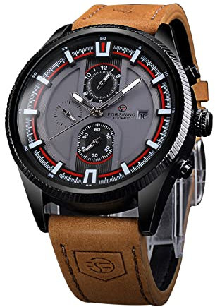 Forsining Montre-bracelet mécanique à remontage automatique pour homme en cuir véritable squelette militaire montre calendrier montre étanche, Noir , Sangle