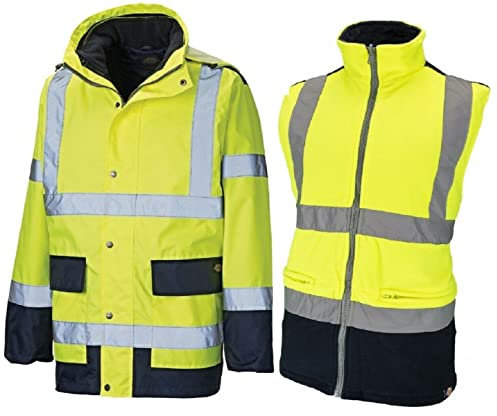 Mens Dickies 3 in 1 Hi Vis Jacket Waterproof + Fleece Bodywarmer Liner Hood Reflective Tape Coat EN471 Yellow SA7006 (X-LARGE)