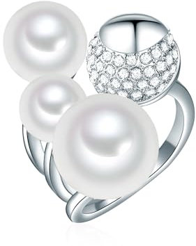 Lulu & Jane Damen-Ring aus Messing silber mit Muschelkernperlen Rund 8-12 mm weiß Glassteine - Perlenring Cocktailring