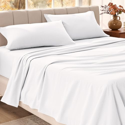 Bare Home Organic Cotton Flannel Sheet Set - Queen Size - 100% Cotton - Double Brushed for Extra Softness & Comfort - Warm, Cozy, and Durable - Breathable - Bed Sheets (Queen, White)