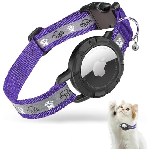 AirTag Katzenhalsband, Reflektierend Air Tag Halsband Katze, GPS Katzenhalsband mit Verstellbares und Glocke, Integriertes Apple Air Tag Katzen Halsband, Geeignet Für Katzen Welpen[Lila][XS]