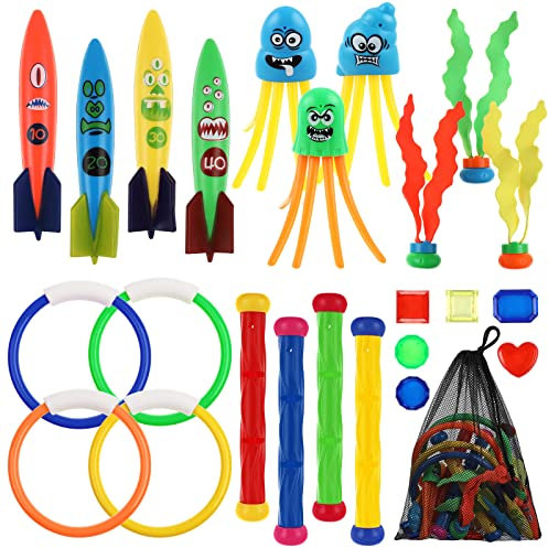 BILLMOSS Diving Pool Toys Set, 24 PCs Underwater Toys Swimming Treasure Game Toys for Kids and Dogs with Storage Bag